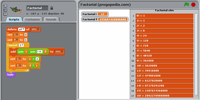 Factorial example in Scratch