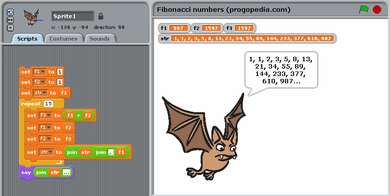 Fibonacci numbers example in Scratch