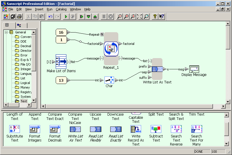 Factorial example in Sanscript (flowgram)