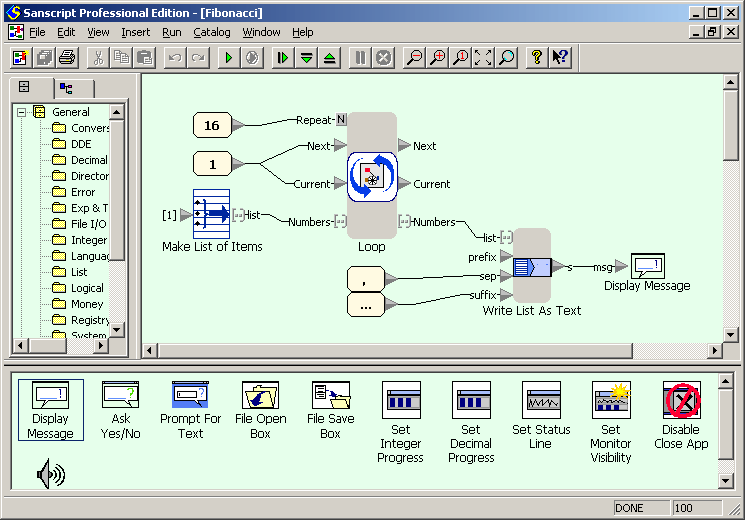 Fibonacci numbers example in Sanscript (flowgram)