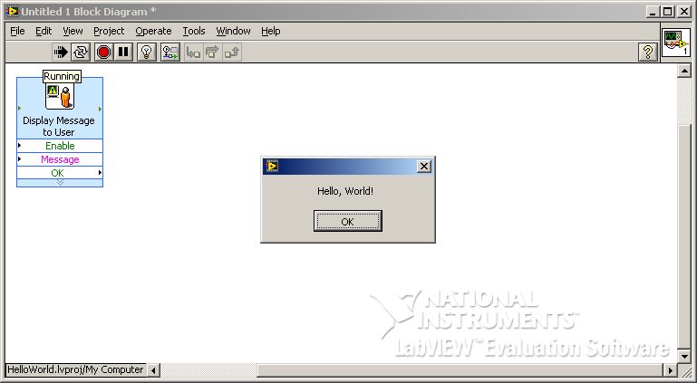 "Hello, World!" example in G/LabVIEW