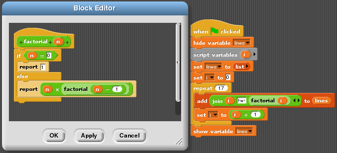 Factorial (recursive) in Snap!