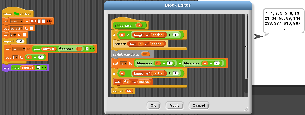 Fibonacci numbers (recursive) in Snap!