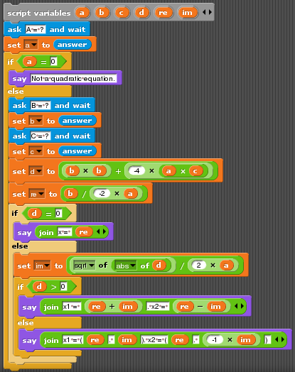 Quadratic equation in Snap!